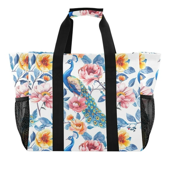 Peacock Bird and Beautiful Flowers Reusable Grocery Bags with Handle Side Pocket Waterproof Shopping Portable Tote