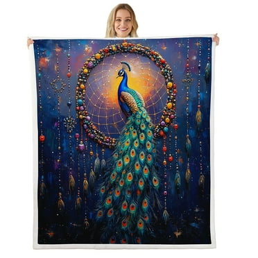 Peacock Blanket Dream Catcher Throw Blanket 90"x90",Boho Watercolor Feather Fleece Blanket Aesthetic Animals Bed Blanket,Exotic Bohemian Decor for Sofa Couch Travel Camping