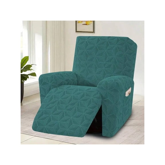Peacock Blue Geometric Pattern Stretch Recliner Chair Cover With Side Pocket