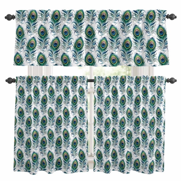 Peacock Blue Green Feathers Kitchen Curtains Valances and Tiers Set of 3 Retro Bohemian Decorations Tier Curtains and Valance with Rod Pocket for Small Windows, 27.5"x36"