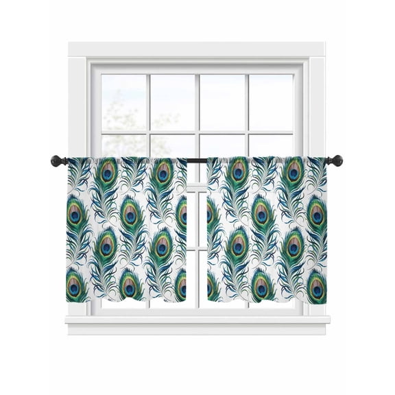 Peacock Blue Green Feathers Sheer Curtains for Living Room Bedroom, Light-filtering Sheer Curtain, Retro Bohemian Decorations LigRod Pocket Voile Window Treatment Drapes, 52’’Wx54’’L, 2 Panels Set