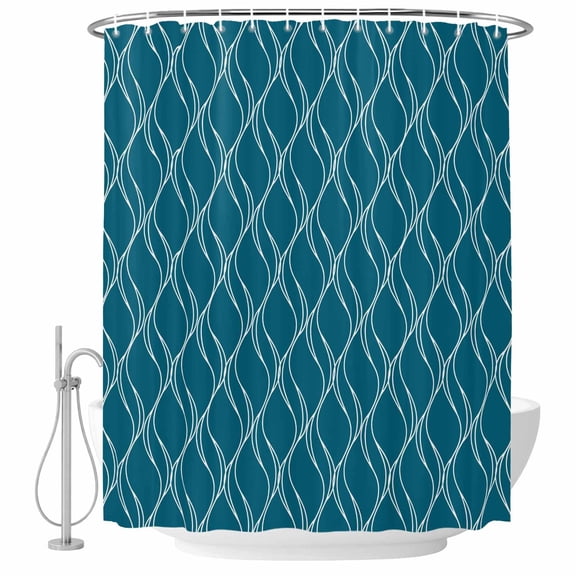 Peacock Blue Lines Bathroom Shower Curtains with Hooks, Abstract Waves Striped Classic Waterproof Fabric Washable Shower Curtain for Home Hotel Bathtub Decor 72x72 Inch