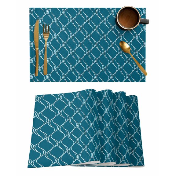 Peacock Blue Lines Placemats Set of 2 Abstract Waves Striped Classic Heat Insulation Washable Place Mats, Rustic Non-Slip Table Mats for Dining Table Party Kitchen Decor,13x19 Inch
