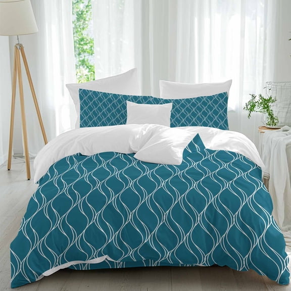 Peacock Blue Lines Queen Size Comforter Set, Abstract Waves Striped Classic Bedding for All Seasons, 4 Pcs Bed Set, 1Quiltcover (90"x92") ,1Sheet(94"x116"), 2Pillowcases (30"x20")
