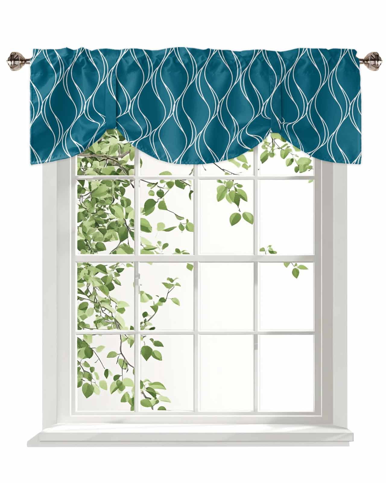 Peacock Blue Lines Tie Up Valances Curtain, Adjustable Kitchen Abstract Waves Striped Classic Valances for Windows Decor, Rod Pocket Short Curtains Set for Bedroom/Bathroom, 60"x18"