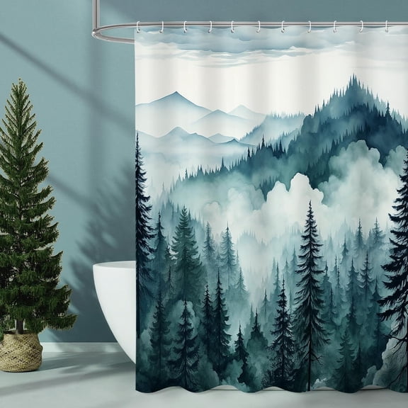 Peacock Blue Misty Pine Forest Shower Curtain, Mountain Foggy Woodland Scenery Tree Shower Curtains for Chic Rustic Bathroom, Abstract Modern Waterproof Nature-Themed Decor, 72x72 Inches