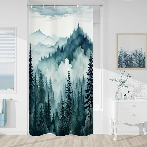 Peacock Blue Small Stall Misty Pine Forest Shower Curtain 36 x 72, Mountain Foggy Woodland Scenery Tree Narrow Half Size Shower Curtains for Bathroom, Abstract Waterproof Nature-Themed Decor