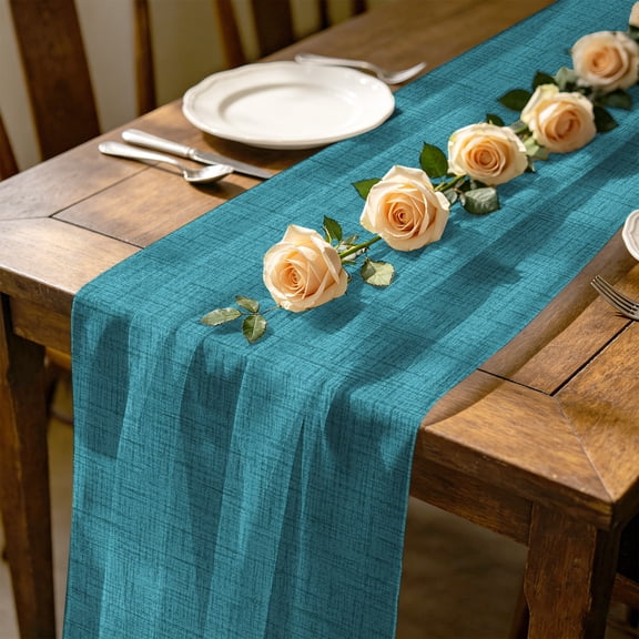 Peacock Blue Solid 4.5 ft Cheesecloth Table Runner for Wedding 19"x55", Minimalist Cloth Blue Green Linen Texture Kitchen Dinner Sheer Tulle Chiffon Dresser Scarf, Holiday Party Decorations
