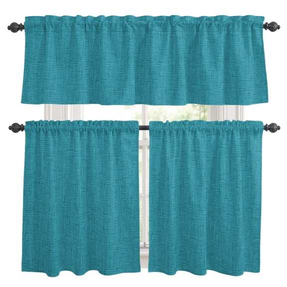 Peacock Blue Solid Kitchen Curtains Set for Windows, Minimalist Cloth Blue Green Linen Texture Curtains Valance and Tier 3 Piece Set Small Drapes 36 Inch Length for Kitchen Bedroom Decor