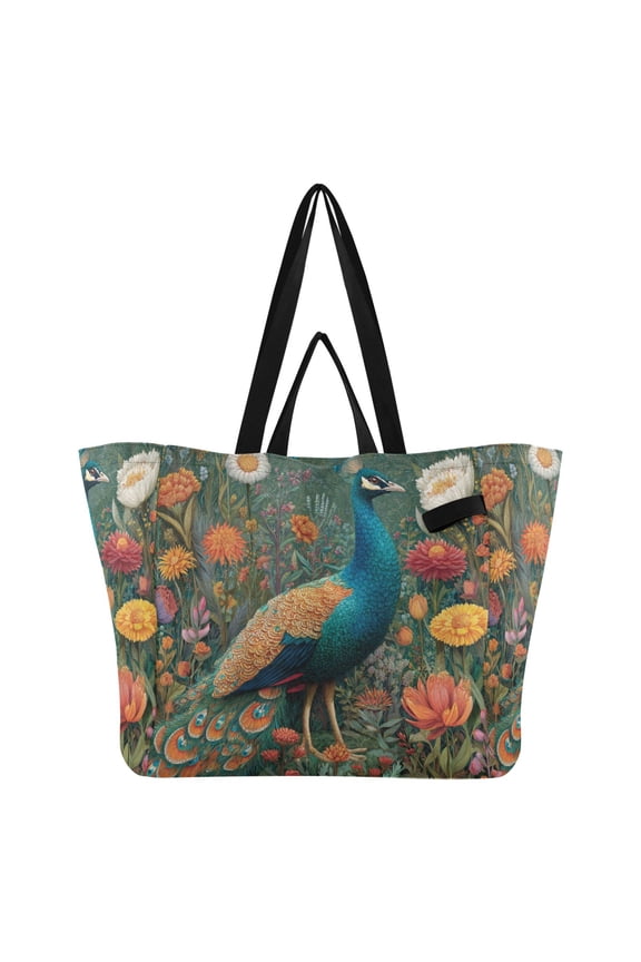 Peacock Canvas Tote Bag Large Capacity Reusable Tote with Double Handles, Foldable Heavy Duty Shopping Beach Laundry Bag, 32L