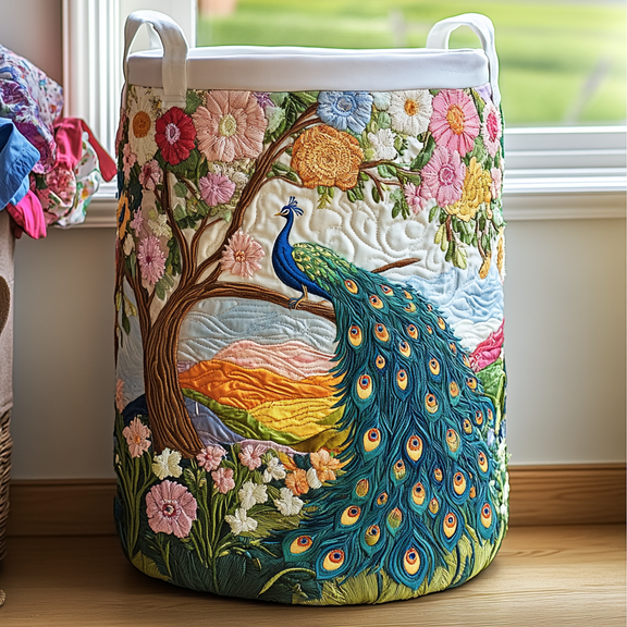 Peacock Charm Quilted Laundry Basket