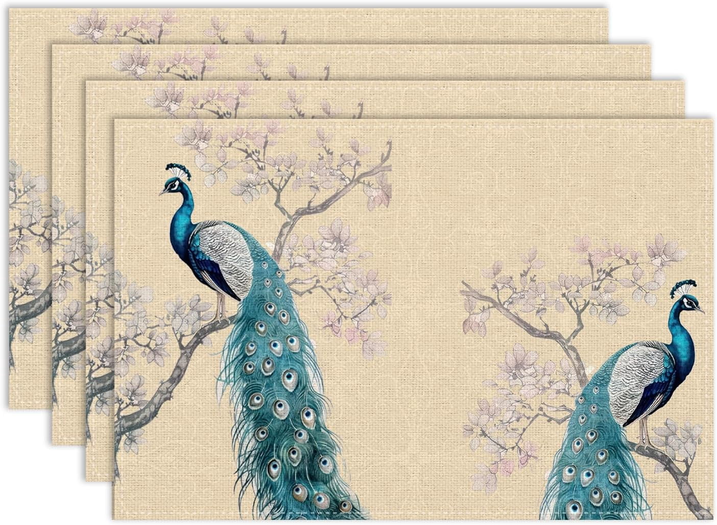 Peacock Cherry Blossom Placemat Set of 4, 12x18 Inch Beige Teal Pink ...