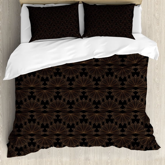 Peacock Christmas Duvet Cover Set, Dark Colored Style Bohemian Feathers Repetitive Pattern Illustration, Decorative 3 Piece Bedding Set with 2 Pillow Shams, Queen Size, Black and Brown, by Ambesonne