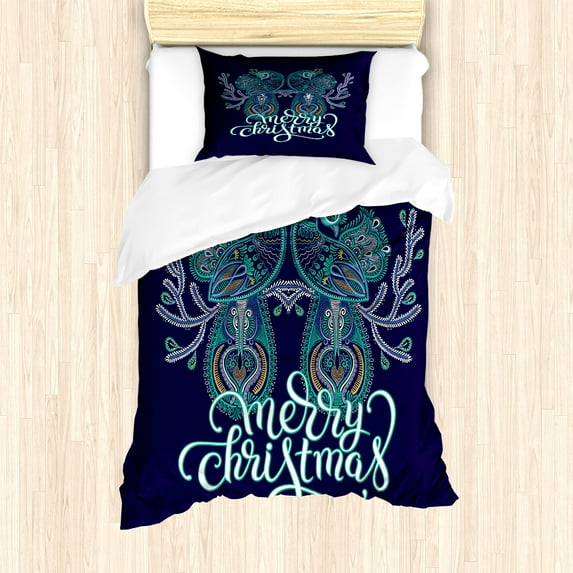 Peacock Christmas Duvet Cover Set, Folkloric Style Ornamental Bohemian Birds and Noel Vibes Print, Decorative 2 Piece Bedding Set with 1 Pillow Shams, Twin Size, Indigo and Multicolor, by Ambesonne