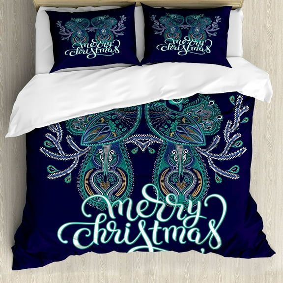 Peacock Christmas Duvet Cover Set, Folkloric Style Ornamental Bohemian Birds and Noel Vibes Print, Decorative 3 Piece Bedding Set with 2 Pillow Shams, Calking Size, Indigo and Multicolor, by Ambesonne