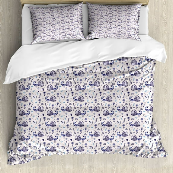 Peacock Christmas Duvet Cover Set, Simplistic Design Abstract Pattern of Birds and Symbols, Decorative 3 Piece Bedding Set with 2 Pillow Shams, Calking Size, Pearl Indigo Pale Blue, by Ambesonne