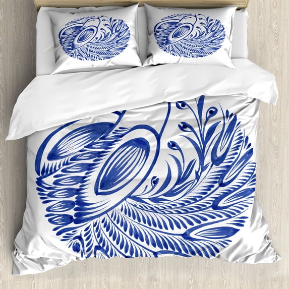 Peacock Christmas Duvet Cover Set, Watercolor Style Folk Art Composition od Floral Winter Bird, Decorative 3 Piece Bedding Set with 2 Pillow Shams, King Size, Persian Blue and White, by Ambesonne