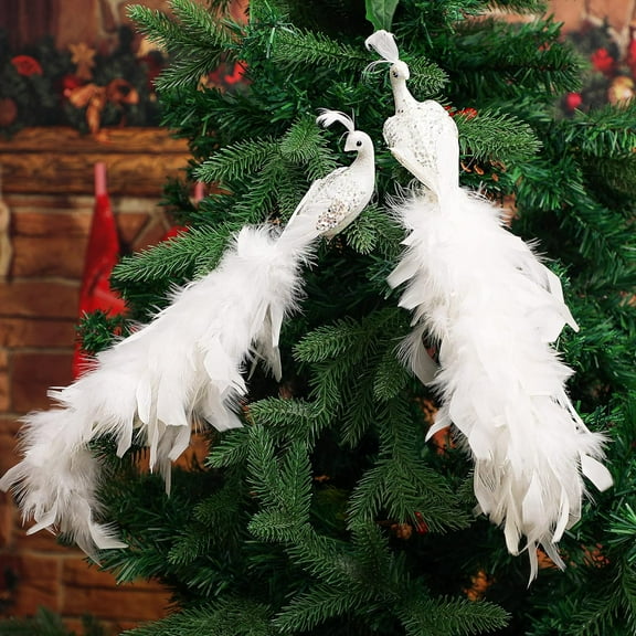 Peacock Christmas Tree Ornaments, Long Tail Feather Peacock, Glitter Peacock Bird Clip On Ornament for Xmas Tree Decor, 2PCS
