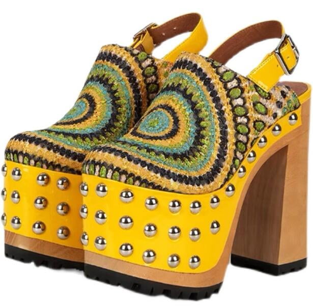 Peacock Cloth Rivet Thick Sole Platform Summer Sandals Woman Fashion Round Toe Block Chunky Wood