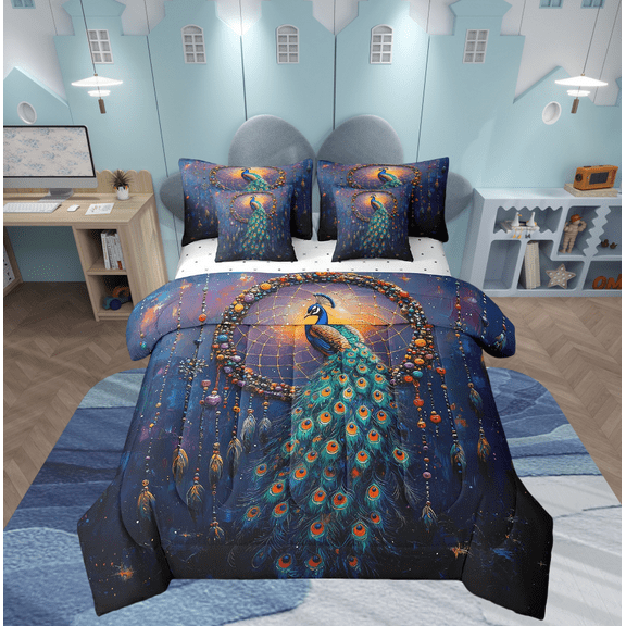 Peacock Comforter Set 7 Piece Bed in a Bag Twin,Dream Catcher Bedding Sets,Boho Watercolor Feather Sheet Set with Comforter Aesthetic Animals Bed Set,Exotic Bohemian Decor