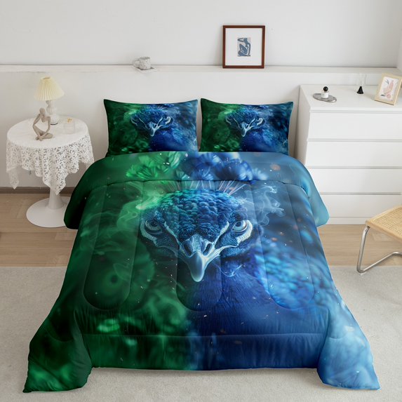 Peacock Comforter Set Green Teal Fog Bedding Sets Full,Goth Woodland Animals Quilt Exotic Wildlife Duvet Insert Room Decor Aesthetic
