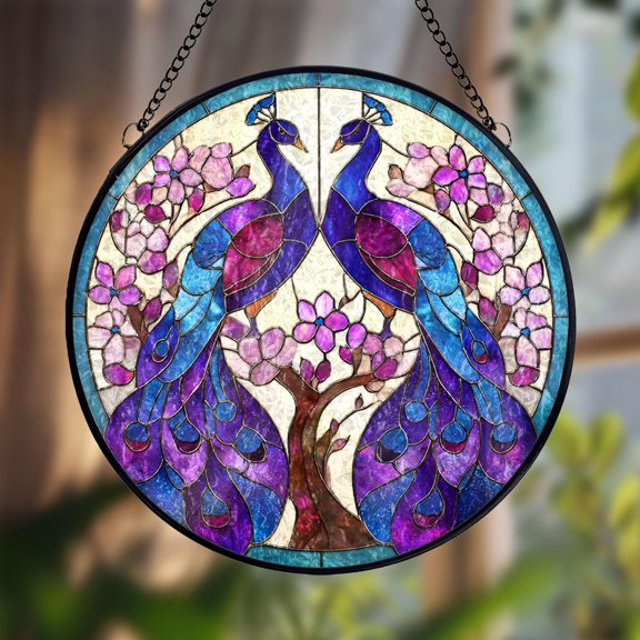 Peacock Couple Glass Suncatcher, Bird Window Hanging Floral Art, 7.9 in