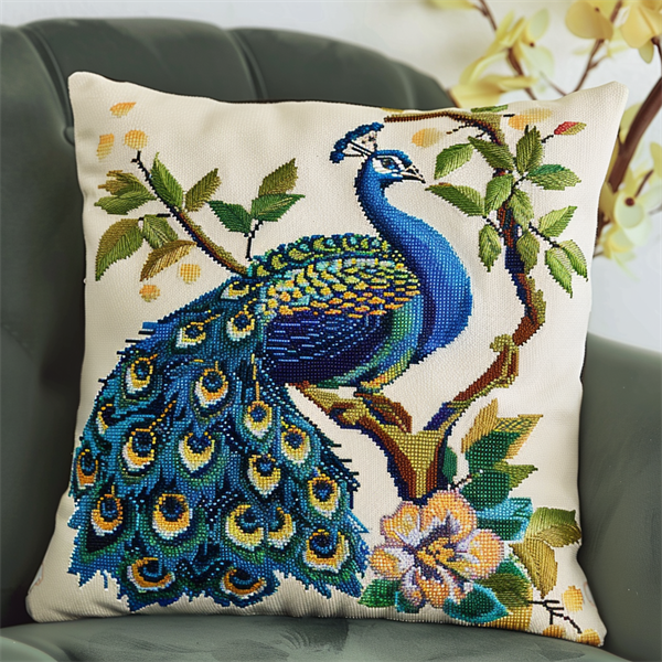 Peacock Cross Stitch Pillow Cases Kit , 17.72" x 17.72" , Handmade Embroidery Kit Needlepoint Home Decor for Sofa (11ct)
