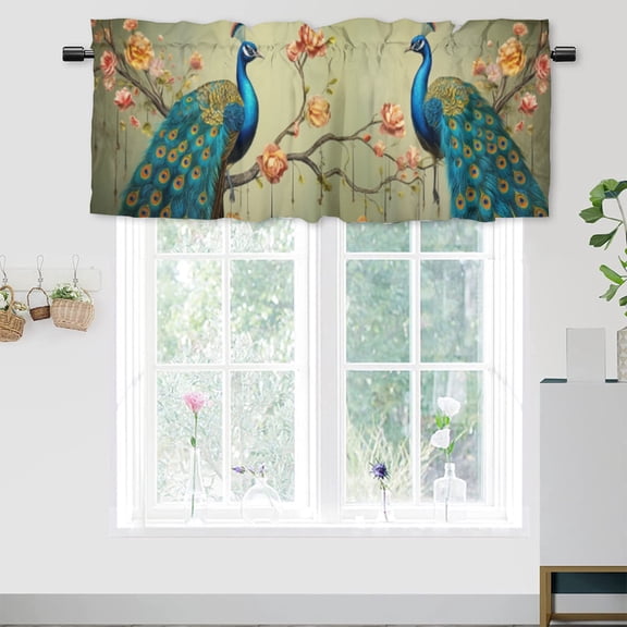 Peacock Curtain Valance for Kitchen Blue Feather Beautiful Bird Flower Tree Branches Window Valance for Living Room Bedroom, Kitchen Valance Rod Pocket Window Curtain 54 by 18 in, 1 Panel
