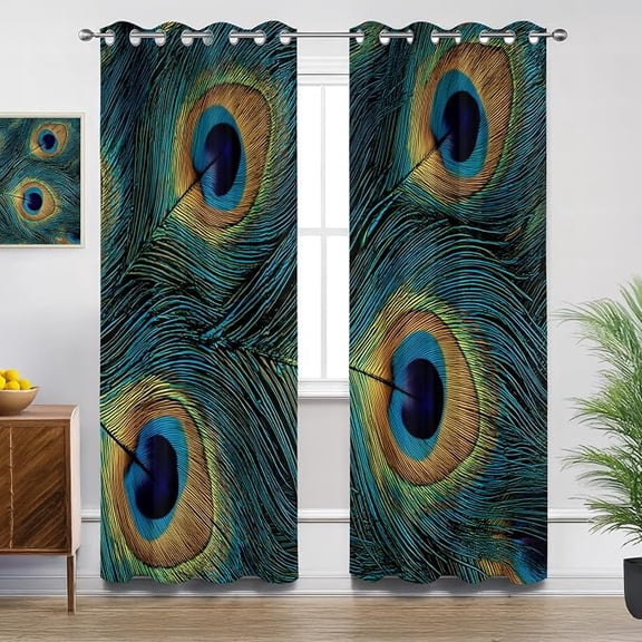 Peacock Curtains, Peacock Feather Blackout Curtains for Bedroom Living Room, Room Darkening Thermal Insulated Grommet Drapes, Patterned Window Treatments 53"W x 96"L (Pack of 2)