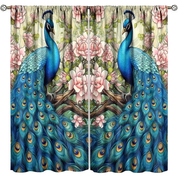 Peacock Curtains, Vintage Flowers Elegant Home Decor Drapes Bedroom Living Room Rod Pocket Window Treatment Set -42"W x 72"L (Pack of 2)