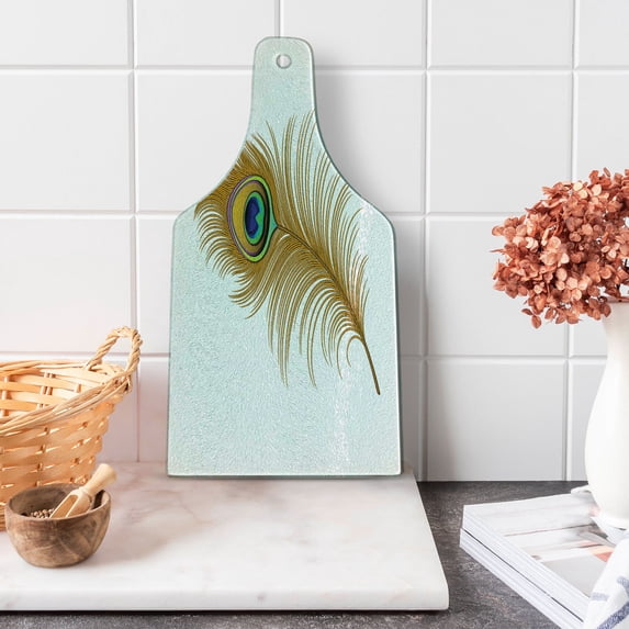 Peacock Cutting Board, Exotic Alluring Bird with Feathers Wildlife Nature Image Print, Decorative Tempered Glass Cutting and Serving Board, Wine Bottle Shape, Mustard Green Navy, by Ambesonne