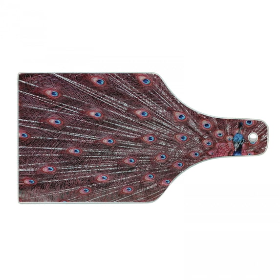 Peacock Cutting Board, Male Displays His Plumage Majestic Surreal Wildlife Themertwork, Decorative Tempered Glass Cutting and Serving Board, Wine Bottle Shape, Burgundy Blue, by Ambesonne