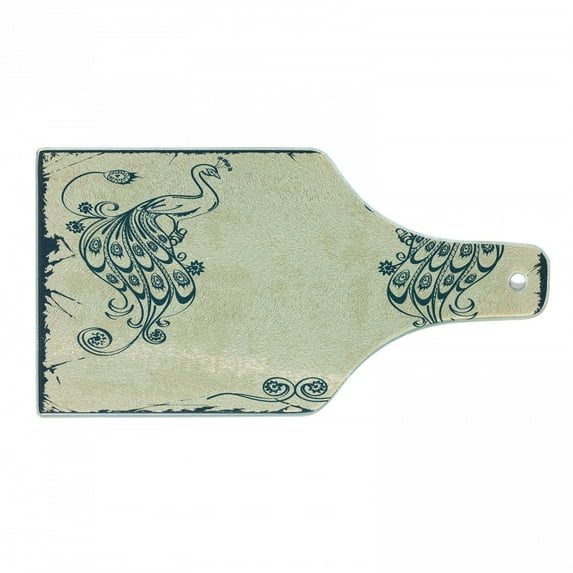 Peacock Cutting Board, Retro Style Vintage Art Animal Ornamental Lines Classic Print, Decorative Tempered Glass Cutting and Serving Board, Wine Bottle Shape, Beige Teal, by Ambesonne
