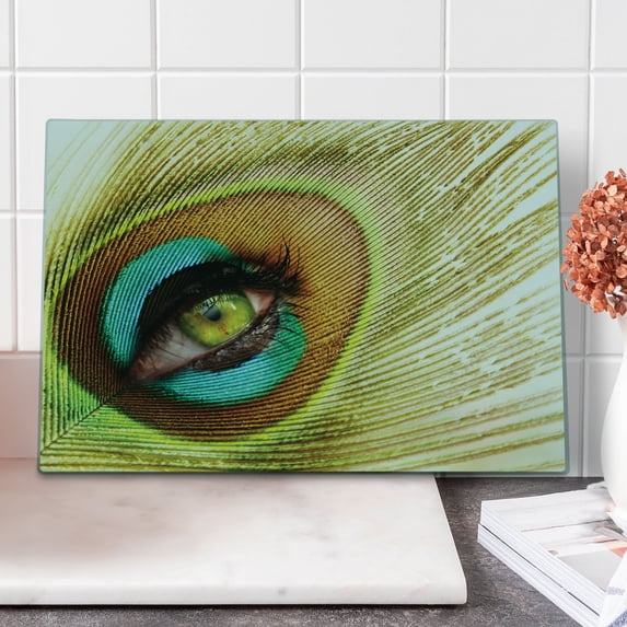 Peacock Cutting Board, Woman Looking Through Peacock Feather Eye Creative Abstract Illustration, Decorative Tempered Glass Cutting and Serving Board, Large Size, Green Brown Turquoise, by Ambesonne