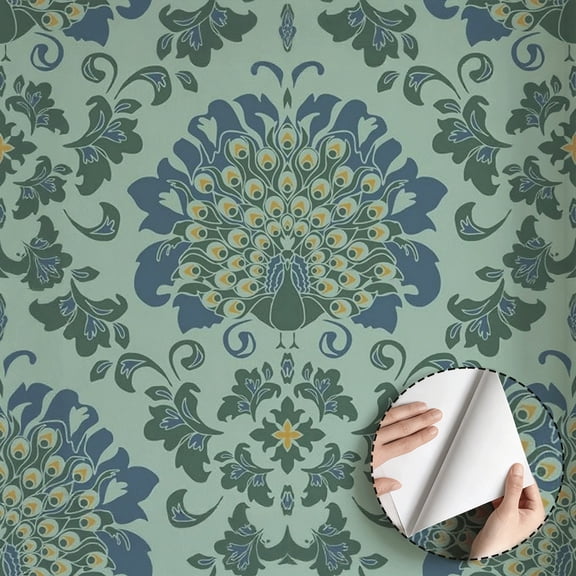 Peacock Damask Pattern Wallpaper Boho Vintage Self Adhesive and Removable Waterproof Wall Decoration for Living Room Bedroom Bathroom Kitchen Cabinet Drawer Dorm Room 17.7 * 118 in