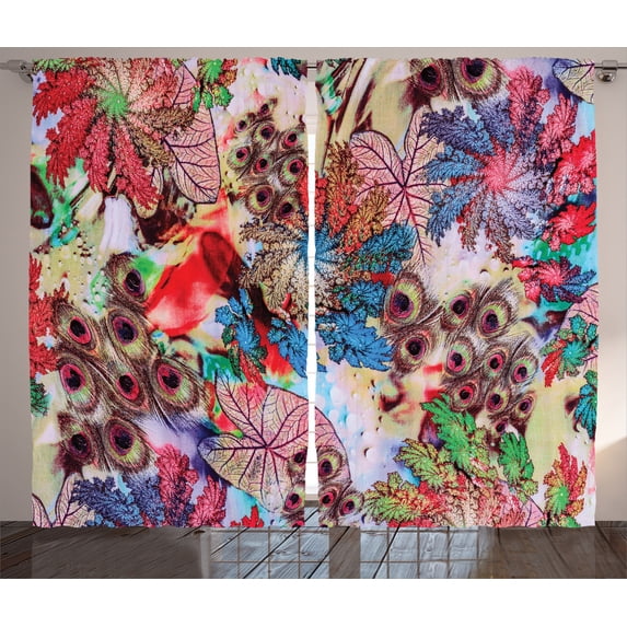 Peacock Decor Curtains 2 Panels Set, Colorful Decorative Floral Artwork with Peacock Feather Patterns and Leaves Print, Living Room Bedroom Accessories, 108 X 90 Inches, by Ambesonne