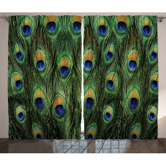 Ambesonne Peacock Curtains 2 Panel Set, Exotic Animal Feathers, 108" x 90", Green Mustard Navy