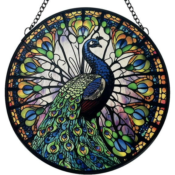 Peacock Decor Stained Glass Suncatcher - Window Wall Hanging Ornament Hand-Painted Glass Panel Sun Catcher - Decoration for Home Garden Christmas Party Wedding Housewarming Gift