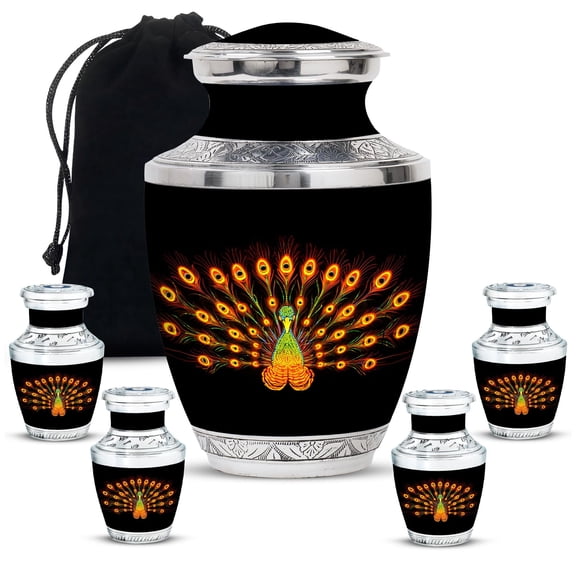 Peacock Decorative Burial Urn for Baby Ashes, Funeral-Cremation Urns for Human Ash, Small Keepsake Urn for Boys-Girls, Large Urns for Humans Remain, Memorial Gift, 10 & 3" Set of 5 Black