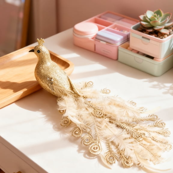 Peacock Decorative Figurine - Green Peacock Desktop Ornament With Feathered Tail, Artistic Crafted Design - For Home Decor, Office Desk, Living Room Shelf, Bedroom Dresser,