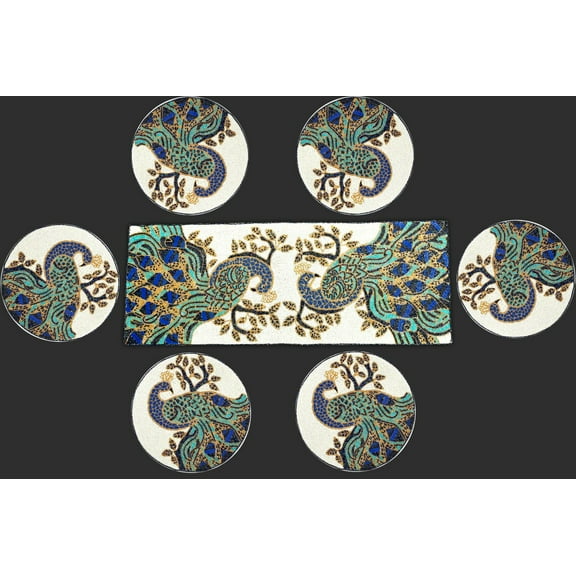 Peacock Design 13 pieces Dining Set, Handmade Beads Runner and placemats with Coasters