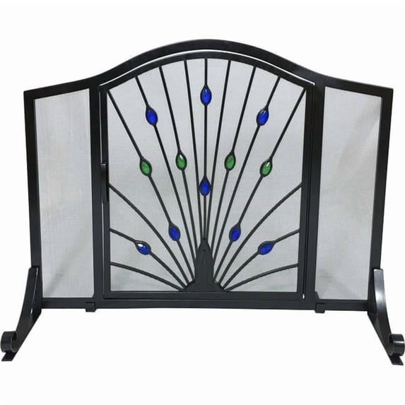 Peacock Design Wrought Iron Arched Panel Screen with Door, Black, Green & Blue