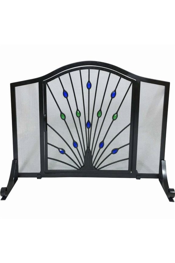 Peacock Design Wrought Iron Arched Panel Screen with Door, Black, Green & Blue