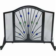 Peacock Design Wrought Iron Arched Panel Screen with Door, Black, Green & Blue