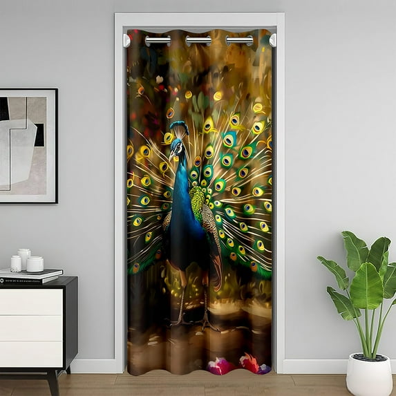 Peacock Doorway Curtain 1 Panel,Aesthetic Jungle Wild Animal Closet Door Curtain for Bedroom Living Room,Boho Green Blue Peacock Feather Privacy Door Drape,80"x42"