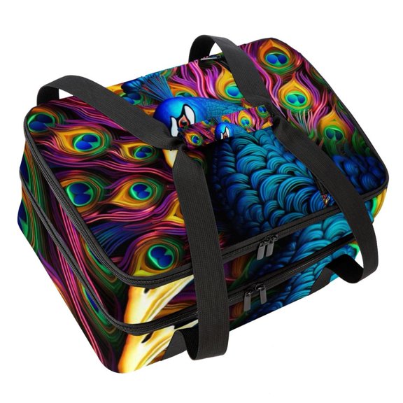 Peacock Double Layer Insulated Lunch Bag with Two Compartments, Large Capacity, Hand Carry, 7.1x11.4x16.1 Inches