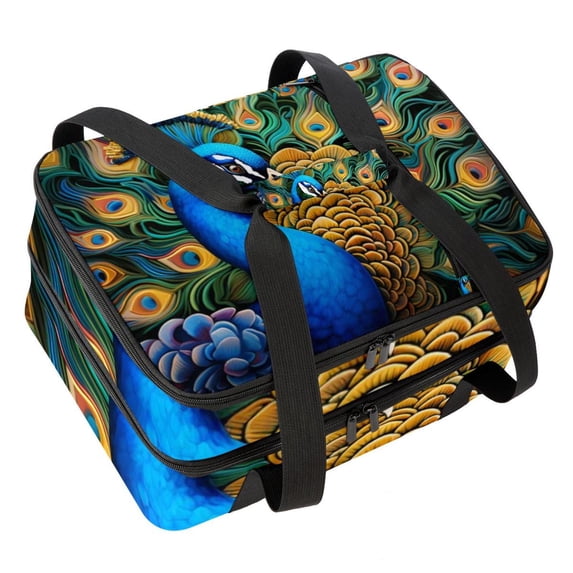 Peacock Double Layered Insulated Lunch Bag with Two Compartments, Large Capacity, Handheld, 7.1x11.4x16.1 Inches