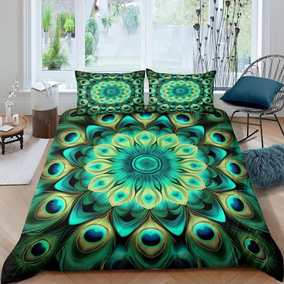 Peacock Duvet Cover Green Feather Bedding Set Mandala Flowering Comforter Cover Beatuiful Animals Skin Duvet Covers Peacocks Print Chic Modern Duvet Cover Set Room Decor