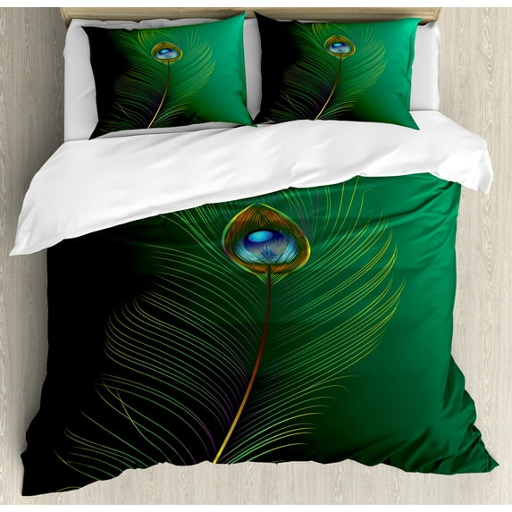 Peacock Duvet Cover Set, Peacock Feather Illustration in Simplistic Style Wild Nature Life Print, Decorative 3 Piece Bedding Set with 2 Pillow Shams, Queen Size, Green Blue, by Ambesonne