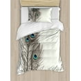 thumbnail image 1 of Peacock Duvet Cover Set, Feathers of Exotic Bird on White Backdrop Bohemian Wildlife Composition, Decorative 2 Piece Bedding Set with 1 Pillow Shams, Twin Size, White Taupe and Blue, by Ambesonne, 1 of 3
